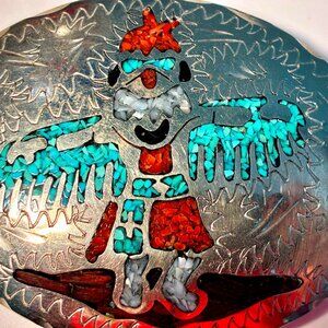 Vintage Navajo Inlaid Turquoise/Coral/Abalone & Etched Western Belt Buckle